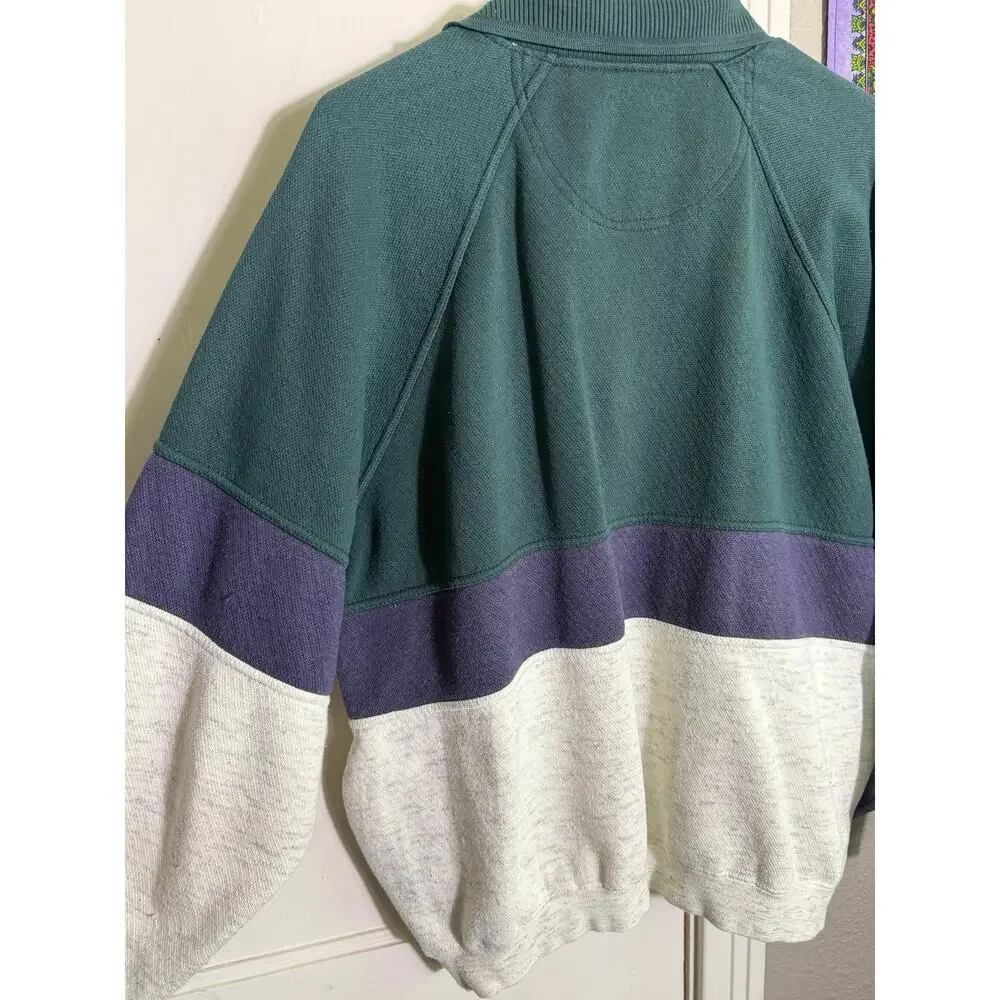 Vintage AZ Sport Colorblock Rugby Sweatshirt Green Purple 90s Pullover Men's L